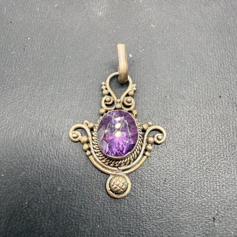 Vintage Sterling Silver Pendant Amethyst Gemstone Ornate Scrollwork Design